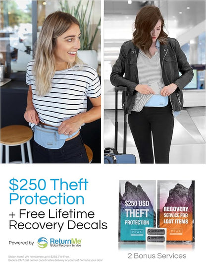 Peak Gear Travel Money Belt. Premium Quality Travel Wallet with RFID Blocking Fabric to Protect Credit Cards, Passports and Documents. Exclusive Theft Protection and 2 Recovery Tags | Blue