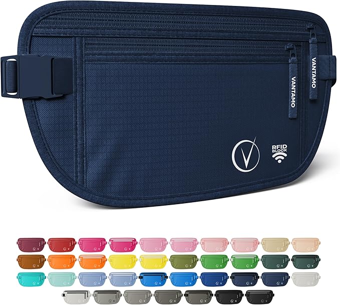 Vantamo Money Belt with RFID For Men & Women, Hidden Passport Holder for Travel, 2 Compartment Travel Fanny Pack for Women Anti Theft