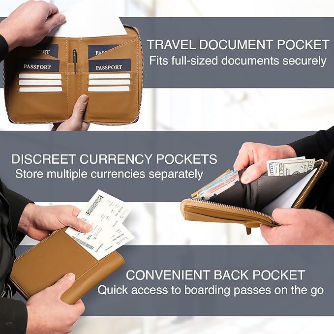 Full Grain Leather Family Passport Holder for 4 Passports - RFID Passport Holder and Travel Document Organizer - Large Leather Travel Wallet for Families - Camel