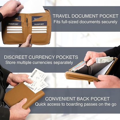 Full Grain Leather Family Passport Holder for 4 Passports - RFID Passport Holder and Travel Document Organizer - Large Leather Travel Wallet for Families - Camel