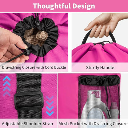 Laundry Bag Backpack with 3 Sizes Mesh Wash Bags and Shoulder Straps Foldable Clothes Hamper Bag with Drawstring Closure for College, Apartment, Laundromat (Pink)