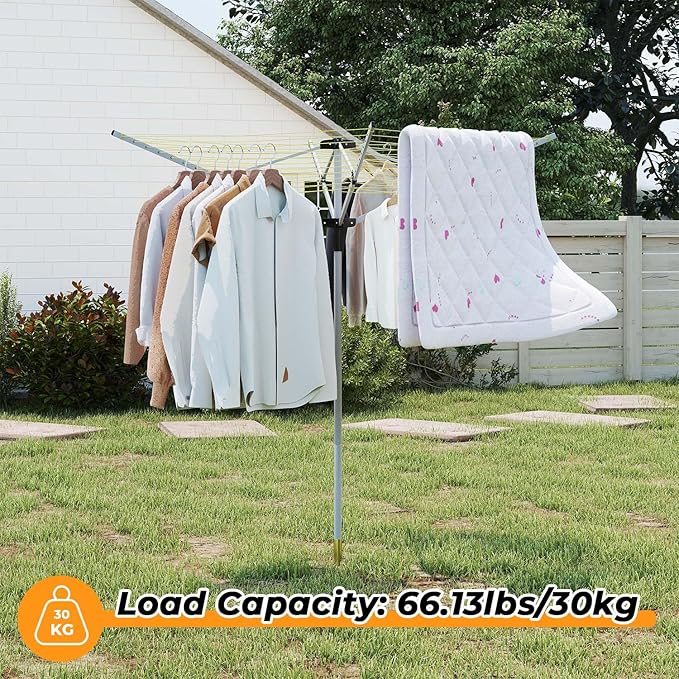 tonchean Outdoor Umbrella Drying Rack, 4-arm Rotary Umbrella Clothesline for Laundry, Adjustable Height Rotary Dryer Collapsible Clothes Drying Rack | 12-Lines with 165 ft. Clothesline