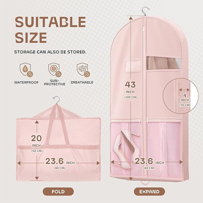 43" Travel Garment Bag with Accessories Zipper Pocket, Heavy Duty Suit Bag for Suits, Tuxedos, Dresses, Coats, Pink, 1 pack