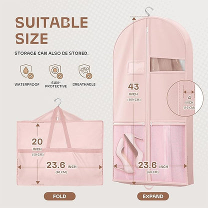 43" Travel Garment Bag with Accessories Zipper Pocket, Heavy Duty Suit Bag for Suits, Tuxedos, Dresses, Coats, Pink, 1 pack