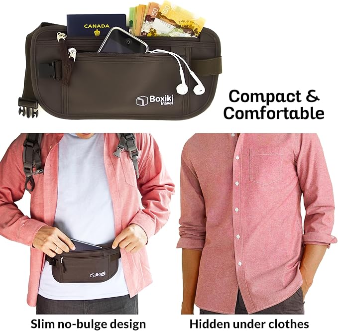 Money Belt for Travel with RFID Blocking Technology - Hidden Travel Money Pouch for Cash, Credit Cards, Passport, and Travel Valuables - Secure Water Resistant Money Belt for Men and Women (Brown)