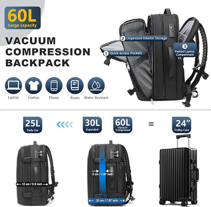 Vacuum Backpack Travel 60L Expandable Vacuum Seal Compression Travel Backpack with Pump, TSA, Waterproof Oxford,17" Laptop Compartment,Carry On Backpack for Men & Women,Business,Flight Travel (Gray)