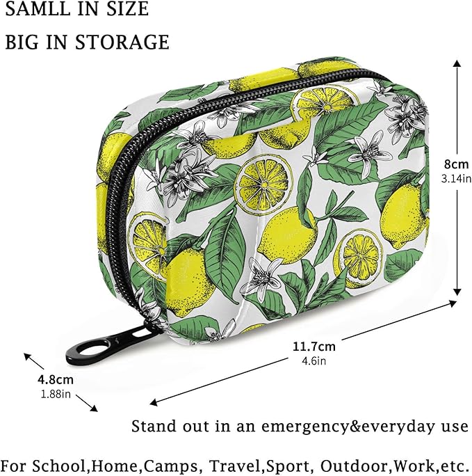 Fustylead Lemons Leaves Floral Pill Organizer Travel Portable Zipper Cloth Bag for Holding Weekly Supplements Vitamins and Fish Oils
