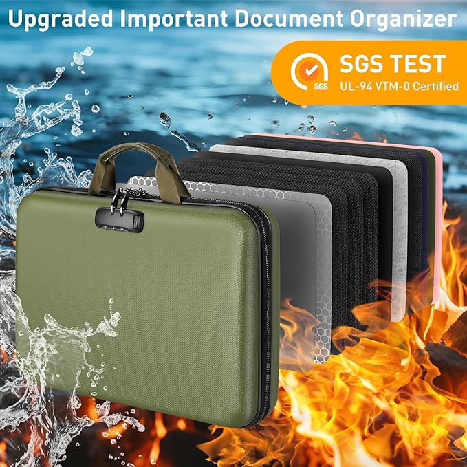 Fireproof Document Organizer with Lock, 2000℉ File Organizer Safe Box Fireproof Waterproof, Hard Shell Fire Proof Document Bag with 13 Pocket Accordion File Folders, Home Storage Office Organization