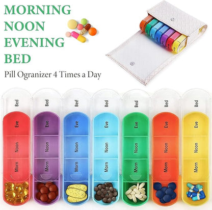 Pill Organizer,LIZIMANDU Weekly Travel Pill Case Box Medication Reminder Daily AM PM, Day Night 7 Compartments,for 4 Times A Day, 7 Days a Week-Includes Leather PU Carrying Case(1-Weave White)