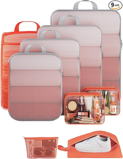 Veken 9/11 Set Compression Packing Cubes for Travel Essentials,Compressible Expandable Large Luggage Suitcase Organizer Bags for Clothing,Durable Space Saver Storage Bags with Toiletry Bags(Orange)
