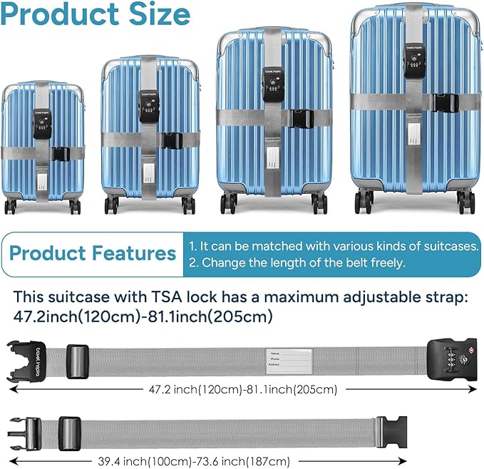 Travel Inspira Travel Belt for Luggage, TSA Approved Luggage Straps, 3-Dial Combination Locks Adjustable Suitcase Belt, Quick-Release Buckle (Grey)