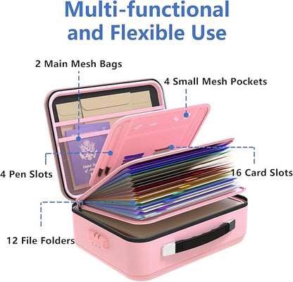 TIGERKING Fireproof Document Box Hard Case with Water-Resistant Zipper, Fireproof File Box with Lock, Document Safe Boxs for Important Documents, Certificates - Pink File Organizer