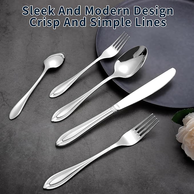 Silverware Set for 8, 40-Piece Flatware Set Include Spoons And Forks Set, Stainless Steel Cutlery Set with Line Pattern, Mirror Polished, Dishwasher Safe.