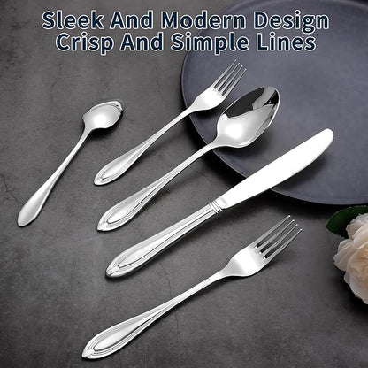 Silverware Set for 8, 40-Piece Flatware Set Include Spoons And Forks Set, Stainless Steel Cutlery Set with Line Pattern, Mirror Polished, Dishwasher Safe.