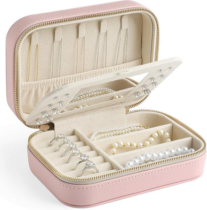 Genuine Leather Travel Jewelry Organizer Case with Mirror for Women, Small Mini Portable Jewelry Box for Ring Earrings Necklace Bracelet Luxury Gift for Women（Pink）