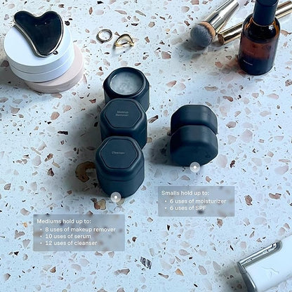 Cadence Travel Containers - Core Skincare Set - Magnetic Containers with Lids,2 Small (0.56oz) & 3 Medium (1.32oz) - Cleanser, Moisturizer, Serum, Makeup Remover & Sun Icon Labels - Charcoal