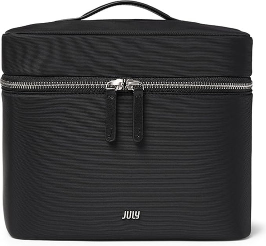 Vanity Cosmetic Case - Stylish Travel Makeup Bag for Women with Removable Wet Pouch, Upright Bottle Design, Clear Top Pocket, Leather Handle, Travel Essentials, Toiletry Organizer - Black