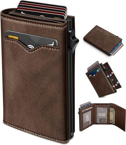 Wallet for Men,with Cash Pocket 2 ID Window 9-13 Cards,Metal Case Smart Slim Pop Up Credit Card Holder Flip with Magnetic Closure RFID Blocking Trifold wallet with Gift Box