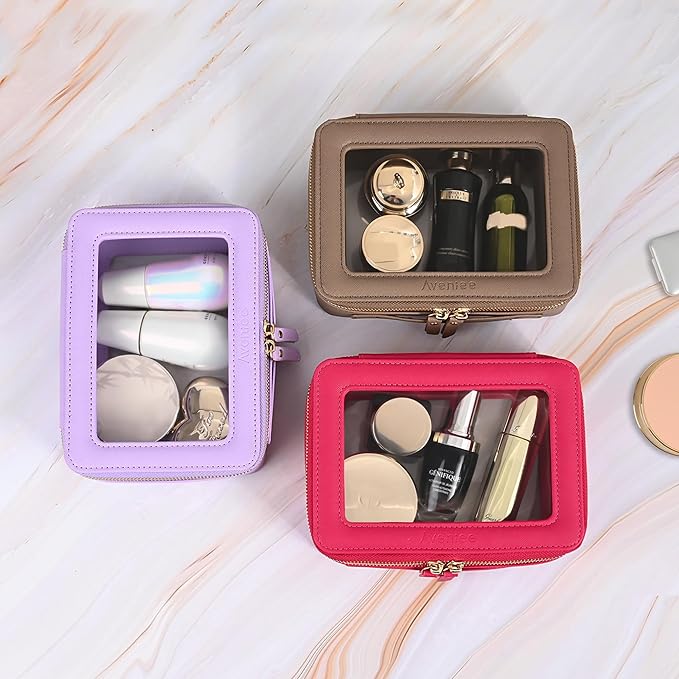 Aveniee Clear Makeup Bag Organizer, Travel Toiletry Bag Cosmetic Case for Women, Portable Make Up Skincare Pouch Car Organizer Bag with Zippers for Essentials,Taupe