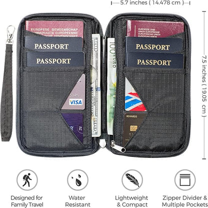 Passport Holder Family up to 6 Passports, Large Passport Wallet and Premium Travel Document Holder Organizer with RFID Anti-Theft Blocking - 7 Bonus RFID Blocking Sleeves - Shadow