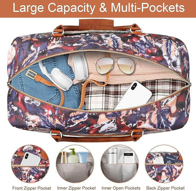 Weekender Bag for Women, Travel Duffel Bag Carry On Overnight Bag with Shoe Compartment Large Nylon Travel Weekend Tote Bag