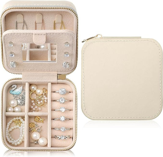 Genuine Leather Travel Jewelry Organizer Case with Mirror for Women, Small Mini Portable Jewelry Box for Earring, Ring, Necklace, Bracelet（Cream）