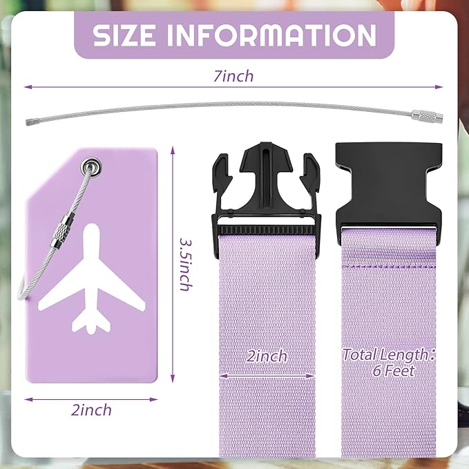 Weewooday 8 Pcs Luggage Straps Suitcase Tags Set for TSA Approved, 4 Travel Adjustable Suitcase Belt, 4 Silicone Luggage Tags with Name ID Card Travel Accessories(Light Purple,Airplane)