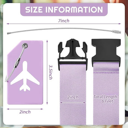 Weewooday 8 Pcs Luggage Straps Suitcase Tags Set for TSA Approved, 4 Travel Adjustable Suitcase Belt, 4 Silicone Luggage Tags with Name ID Card Travel Accessories(Light Purple,Airplane)