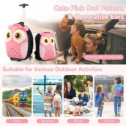 HONEY JOY Kids Luggage, 12” Children Hardshell Backpack & 16” Toddler Travel Rolling Suitcase, 2 Pcs Lightweight Carry On Luggage Set, Kids Luggage with Wheels for Girls & Boys(Pink Owl)