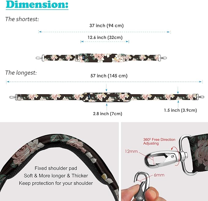 Shoulder Strap, ZINZ 57" Padded Adjustable Shoulder Bag Straps Replacement for Bags with D-Ring (LR02O01)