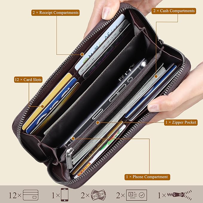 VISOUL Leather Long Zipper Pouch Wallet for Men and Women with RFID Blocking, Large Clutch Cash Long Wallet with Zipper (Coffee)