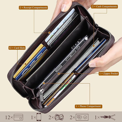 VISOUL Leather Long Zipper Pouch Wallet for Men and Women with RFID Blocking, Large Clutch Cash Long Wallet with Zipper (Coffee)