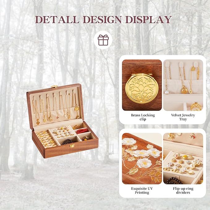 Travel Jewelry Case Small Wood Jewelry Organizer Jewelry Box for Women (Nut-Brown Print A)