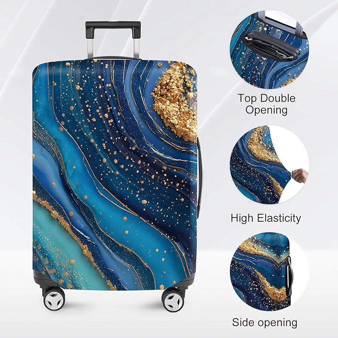 FOREVER QUEEN Luxury Golden blue Marble Luggage Cover Suitcase Protector Suitcase Cover Anti-Scratch,Stretchable Bag Cover Washable Durable Polyester