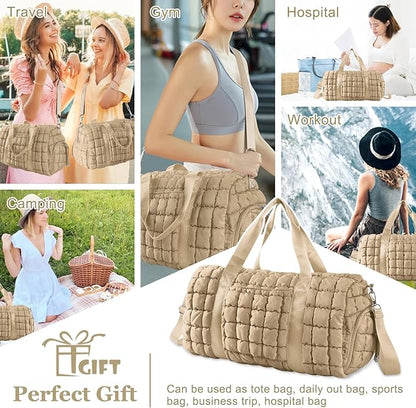 Quilted Travel Duffle Bag Gym Bag for Women,Large Puffer Duffle Weekender Bag with Compartment,Workout Overnight Carry on Organizer Bag Duffle Bag for Airplane Travel(Khaki)