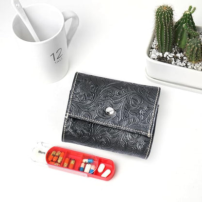 Pill Organizer,Haecsfl Weekly Travel Pill Case Box Medication Reminder Daily AM PM, Day Night 7 Compartments,for 4 Times A Day, 7 Days a Week-Includes Leather PU Carrying Case(1-Carved Black)