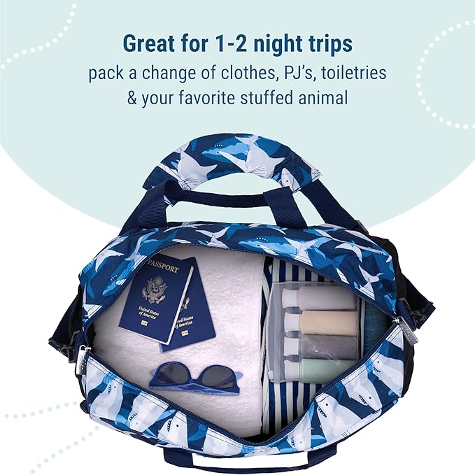 Wildkin Kids Overnighter Duffel Bag – Carry-On Size, Ideal for School & Sleepovers – Sharks