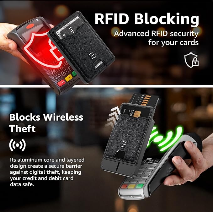 RFID Blocking Wallet, Minimalist Card Holder with Quick Access, Holds 1 to 12 Cards & Cash, Vegan Leather & Brushed Aluminum, Gift-Ready Packaging (Black)