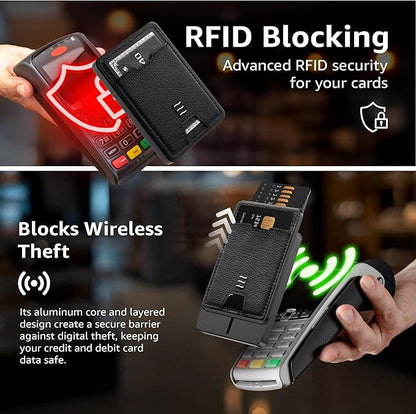RFID Blocking Wallet, Minimalist Card Holder with Quick Access, Holds 1 to 12 Cards & Cash, Vegan Leather & Brushed Aluminum, Gift-Ready Packaging (Black)