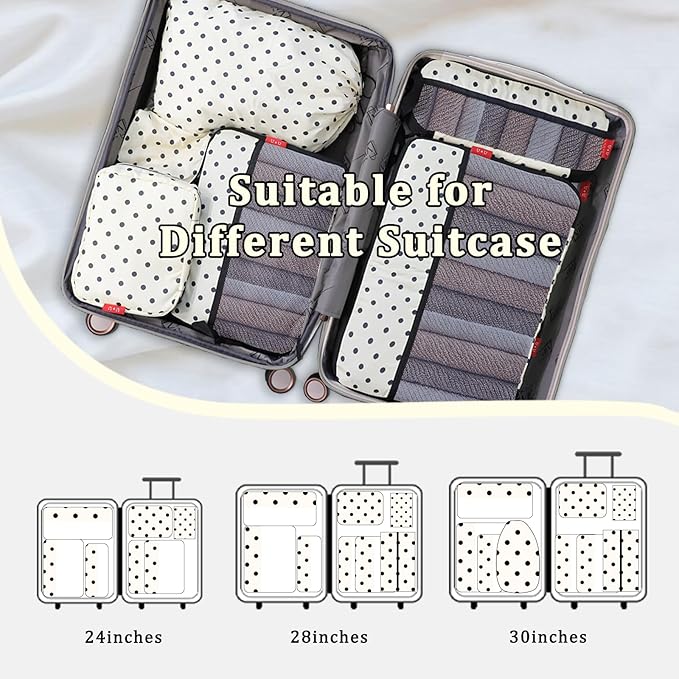U+U 8 Set Compression Packing Cubes - Ultralight Travel Organizers with Laundry Bag and Cosmetic Bag, Space-Saving Suitcase Organizer for Travel, Business Trip and Family Vacation (Polka Dot)