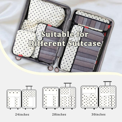 U+U 8 Set Compression Packing Cubes - Ultralight Travel Organizers with Laundry Bag and Cosmetic Bag, Space-Saving Suitcase Organizer for Travel, Business Trip and Family Vacation (Polka Dot)
