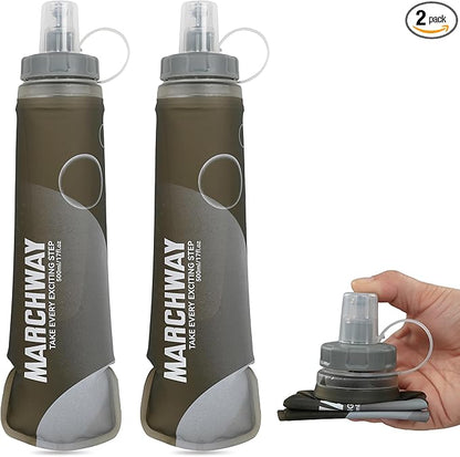 MARCHWAY Soft Hydration Flask with Wide Mouth, 300ml/500ml Collapsible TPU Water Bottle, Leakproof Portable Flexible for Running, Hiking, Cycling, Climbing, Gym, Travel (2pcs Grey 300ml)