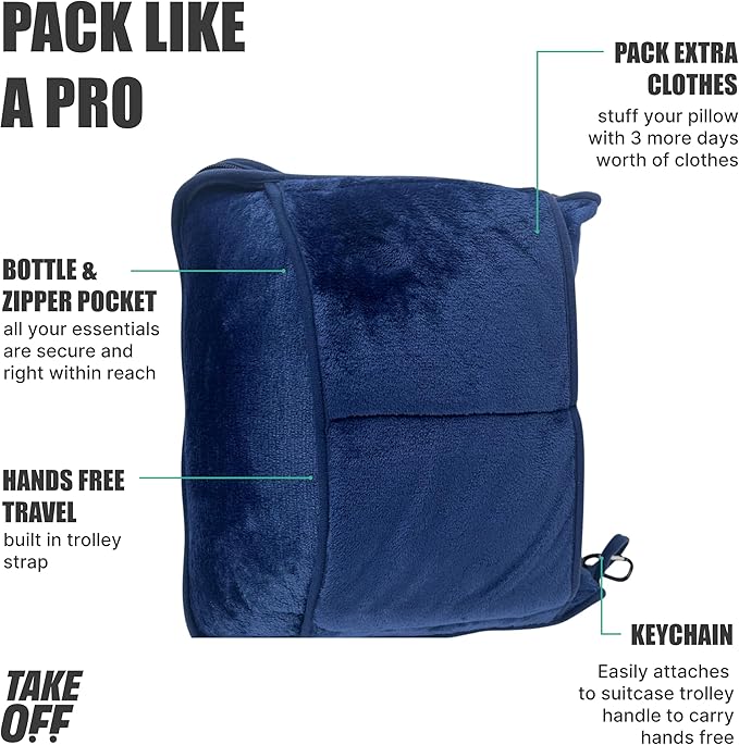 TAKE Off Travel Pillow and Blanket Set with Water Bottle Pockets and Zippered Storage for Travel Essentials – Compact Fleece Throw in a Soft Pillow Case with Luggage Sleeve. Fits 3 Days of Clothes