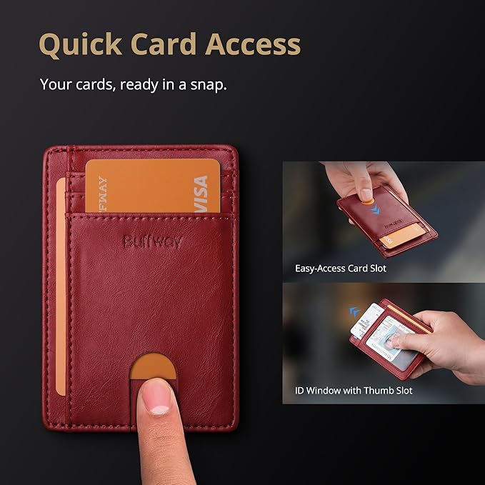 Buffway Slim Minimalist Front Pocket RFID Blocking Leather Wallets for Men and Women - Alaska Cherry