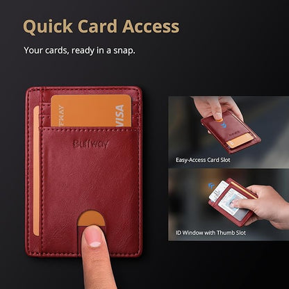 Buffway Slim Minimalist Front Pocket RFID Blocking Leather Wallets for Men and Women - Alaska Cherry