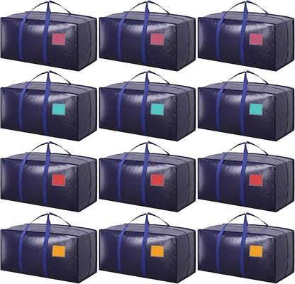 12 Pack Extra Large Heavy Duty Moving Bags with Reinforced Zipper & Wide Handles, Moisture-Resistant Storage Bins Packing Cubes for Clothes, College Dorm, Travel, and Home Organization, DarkBlue