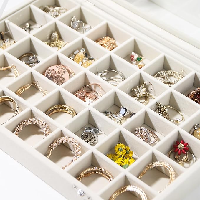 Coward Ring Earring Jewelry Organizer Box, 35 Grids Dustproof Display Holder Case, Beige Velvet Jewelry Bead Display Tray Case with Transparent Glass Lid for Momen Girls