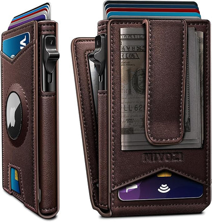 Airtag Wallet for Men,with Money Clip Gift Boxed,Slim Front Pocket Wallet RFID Blocking Metal Case Smart Pop-up Credit Card Holder in Magnetic Leather Flip