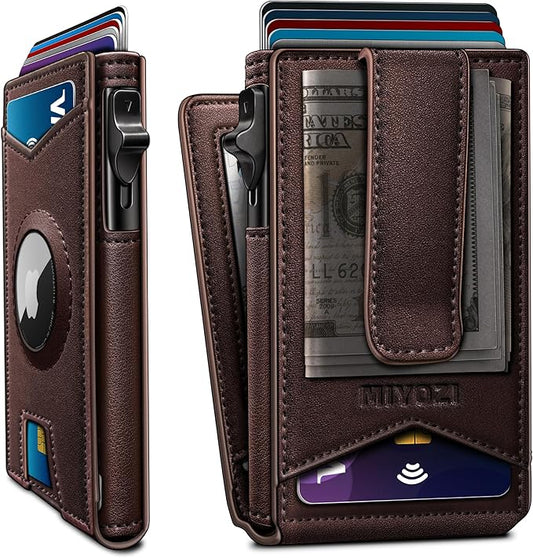 Airtag Wallet for Men,with Money Clip Gift Boxed,Slim Front Pocket Wallet RFID Blocking Metal Case Smart Pop-up Credit Card Holder in Magnetic Leather Flip