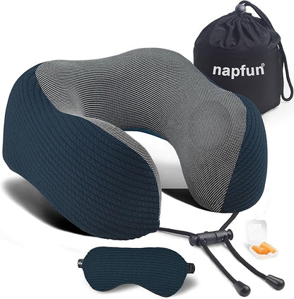 napfun Neck Pillow for Traveling, Upgraded Travel Neck Pillow for Airplane 100% Pure Memory Foam Travel Pillow for Flight Headrest Sleep, Portable Plane Accessories, Luxury Sets (Optional), Deep Blue